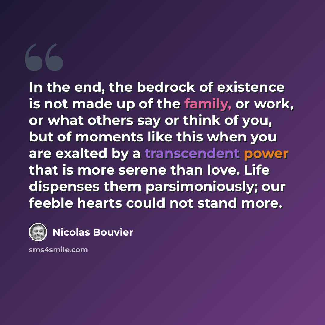 “In the end, the bedrock of existence is not made up of the family, or work, or what others say or think of you, but of moments like this when you are exalted by a transcendent power that is more serene than love. Life dispenses them parsimoniously; our feeble hearts could not stand more.” quote by Nicolas Bouvier