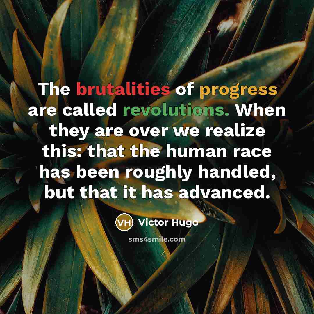 “The brutalities of progress are called revolutions. When they are over we realize this: that the human race has been roughly handled, but that it has advanced.” quote by Victor Hugo