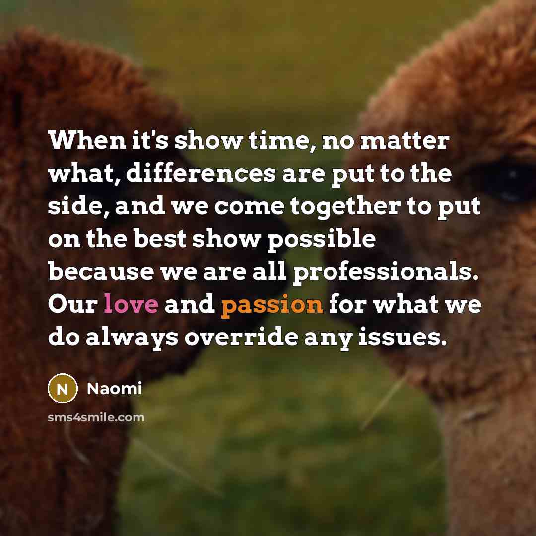 “When it's show time, no matter what, differences are put to the side, and we come together to put on the best show possible because we are all professionals. Our love and passion for what we do always override any issues.” quote by Naomi