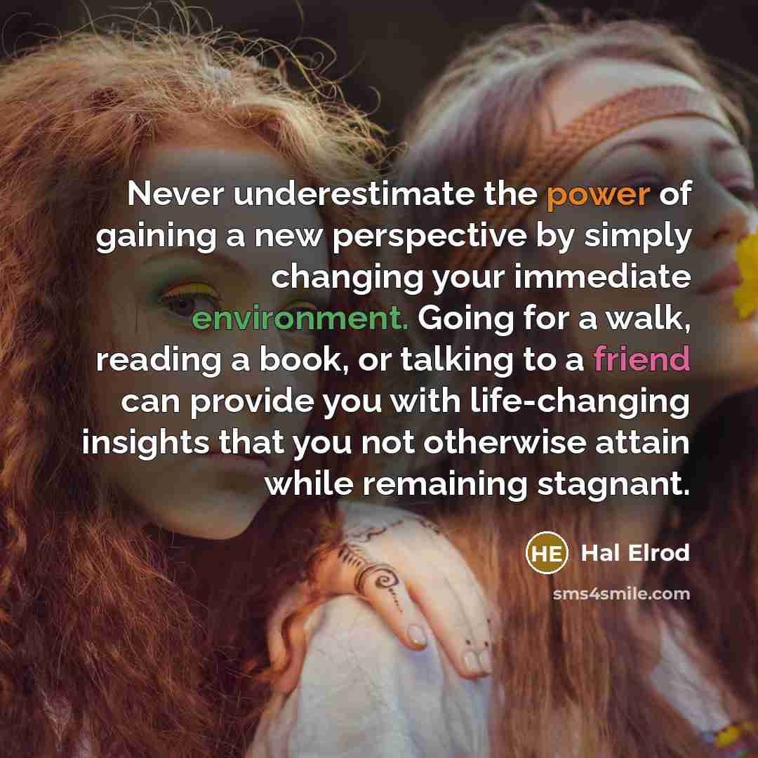 “Never underestimate the power of gaining a new perspective by simply changing your immediate environment. Going for a walk, reading a book, or talking to a friend can provide you with life-changing insights that you not otherwise attain while remaining stagnant.” quote by Hal Elrod