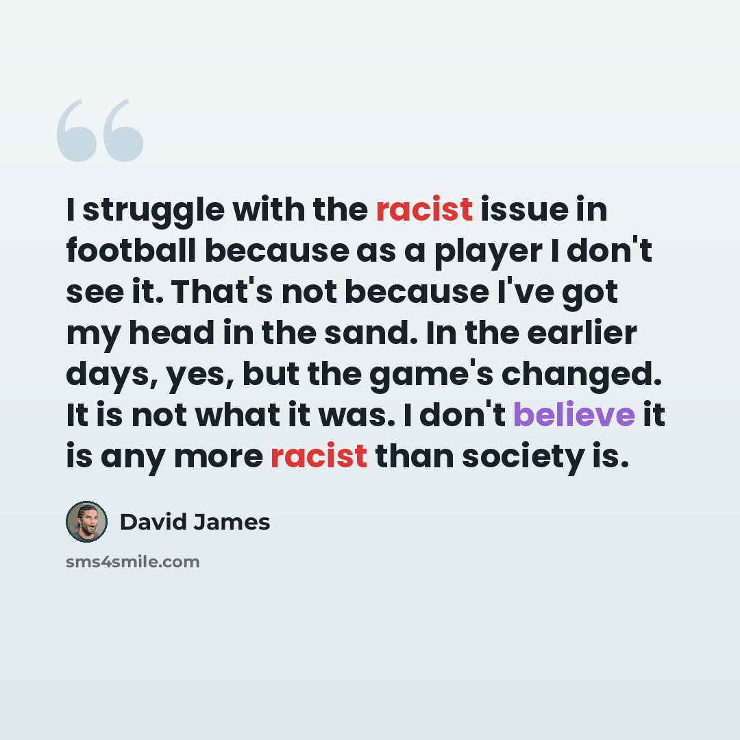 “I struggle with the racist issue in football because as a player I don't see it. That's not because I've got my head in the sand. In the earlier days, yes, but the game's changed. It is not what it was. I don't believe it is any more racist than society is.” quote by David James