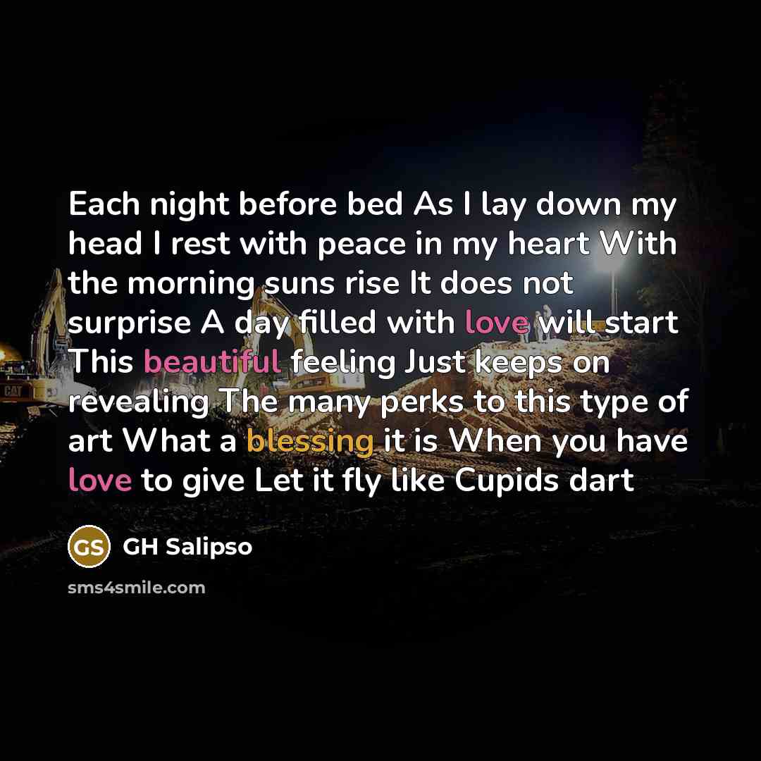 “Each night before bed As I lay down my head I rest with peace in my heart With the morning suns rise It does not surprise A day filled with love will start This beautiful feeling Just keeps on revealing The many perks to this type of art What a blessing it is When you have love to give Let it fly…” quote by GH Salipso