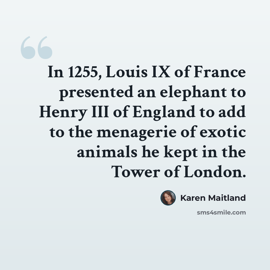 “In 1255, Louis IX of France presented an elephant to Henry III of England to add to the menagerie of exotic animals he kept in the Tower of London.” quote by Karen Maitland