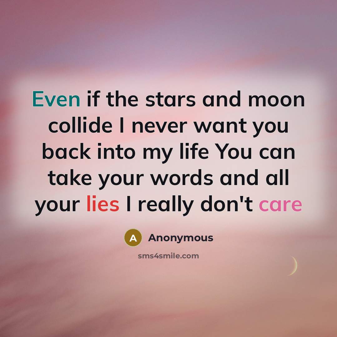 “Even if the stars and moon collide I never want you back into my life You can take your words and all your lies I really don't care” quote by Anonymous