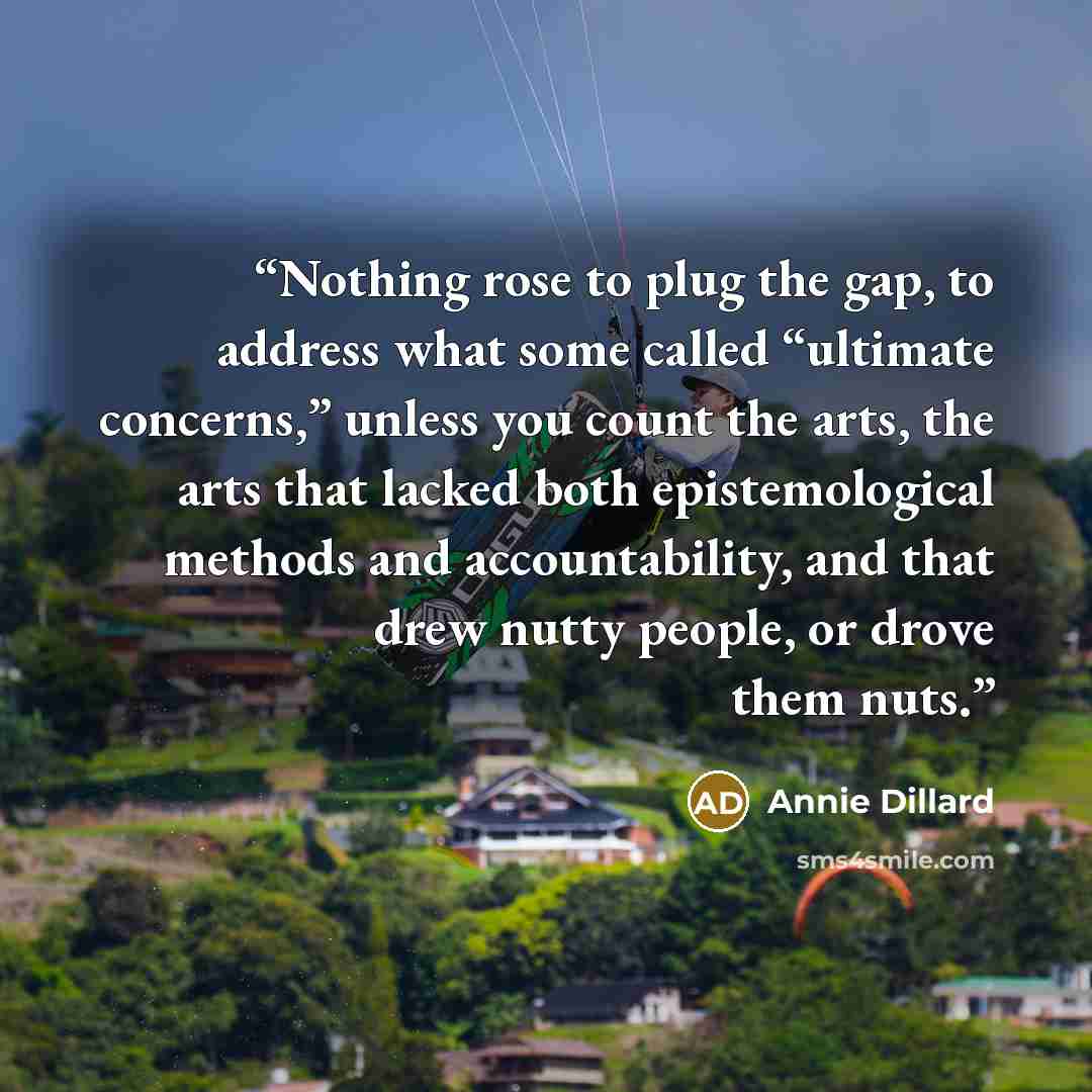 “Nothing rose to plug the gap, to address what some called “ultimate concerns,” unless you count the arts, the arts that lacked both epistemological methods and accountability, and that drew nutty people, or drove them nuts.” quote by Annie Dillard