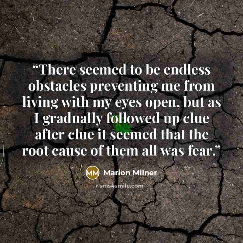 “There seemed to be endless obstacles preventing me from living with my eyes open, but as I gradually followed up clue after clue it seemed that the root cause of them all was fear.” quote by Marion Milner
