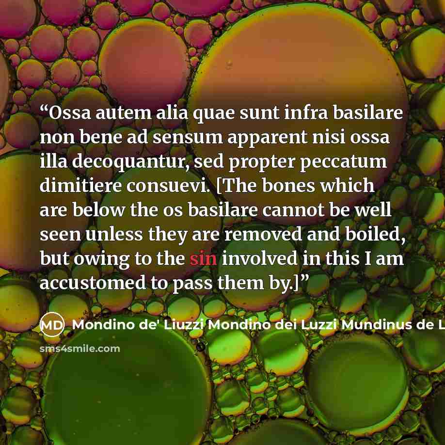 “Ossa autem alia quae sunt infra basilare non bene ad sensum apparent nisi ossa illa decoquantur, sed propter peccatum dimitiere consuevi. [The bones which are below the os basilare cannot be well seen unless they are removed and boiled, but owing to the sin involved in this I am accustomed to pass…” quote by Mondino de' Liuzzi Mondino dei Luzzi Mundinus de Leuciis
