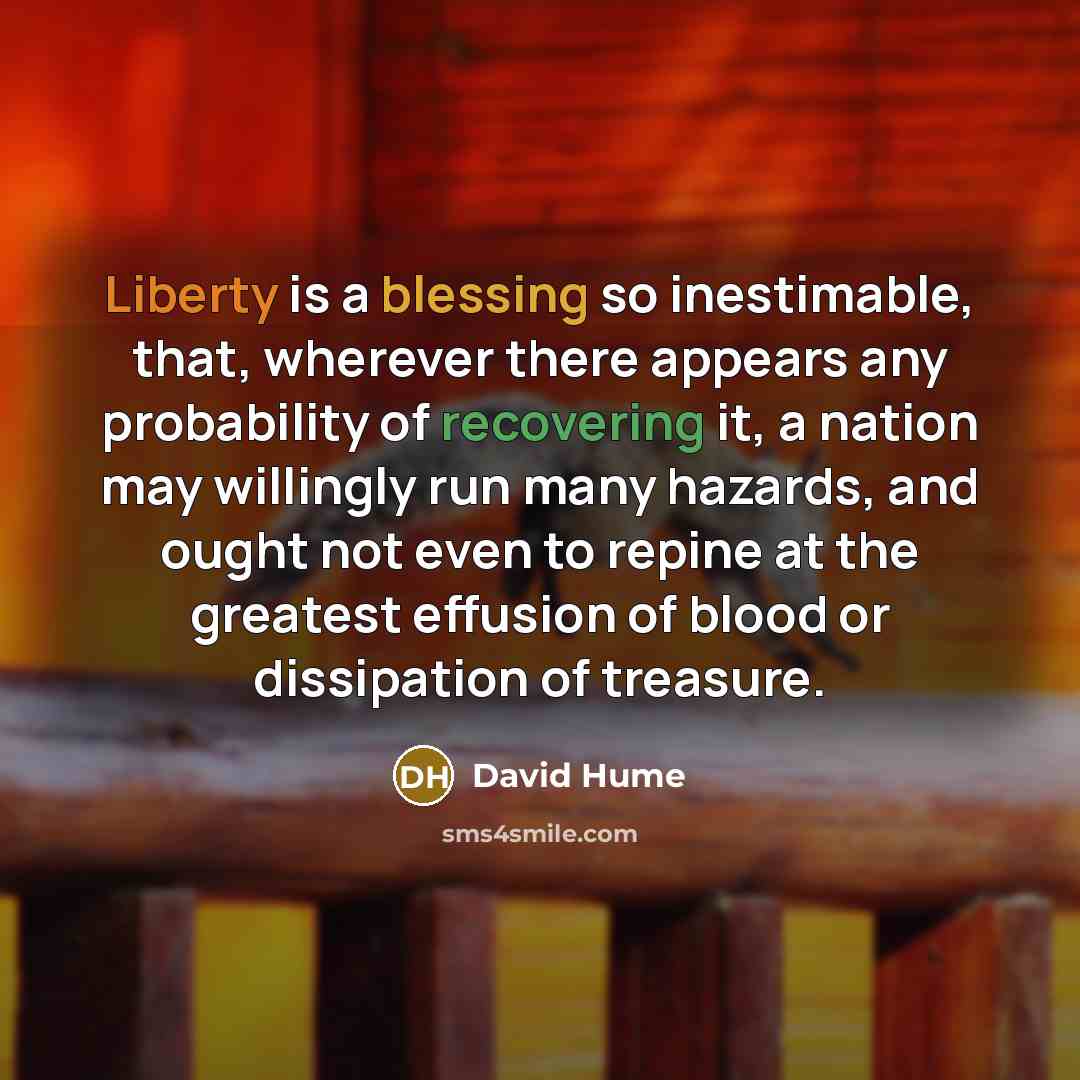 “Liberty is a blessing so inestimable, that, wherever there appears any probability of recovering it, a nation may willingly run many hazards, and ought not even to repine at the greatest effusion of blood or dissipation of treasure.” quote by David Hume