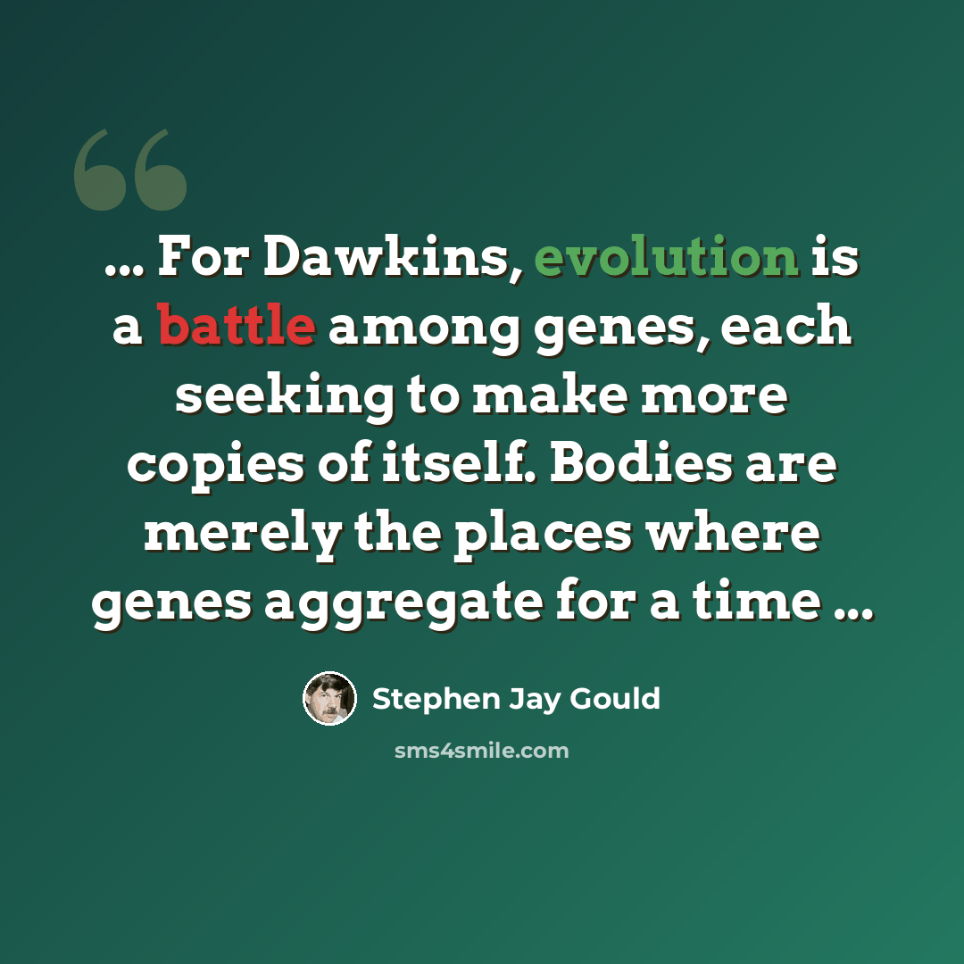 “... For Dawkins, evolution is a battle among genes, each seeking to make more copies of itself. Bodies are merely the places where genes aggregate for a time ...” quote by Stephen Jay Gould