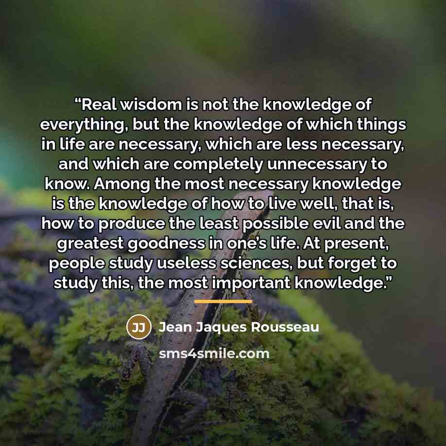 “Real wisdom is not the knowledge of everything, but the knowledge of which things in life are necessary, which are less necessary, and which are completely unnecessary to know. Among the most necessary knowledge is the knowledge of how to live well, that is, how to produce the least possible evil…” quote by Jean Jaques Rousseau