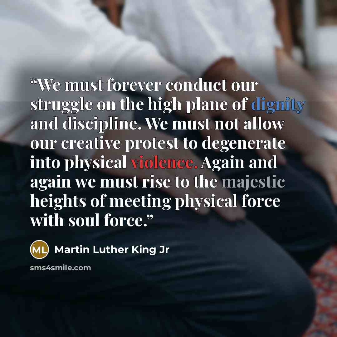 “We must forever conduct our struggle on the high plane of dignity and discipline. We must not allow our creative protest to degenerate into physical violence. Again and again we must rise to the majestic heights of meeting physical force with soul force.” quote by Martin Luther King Jr