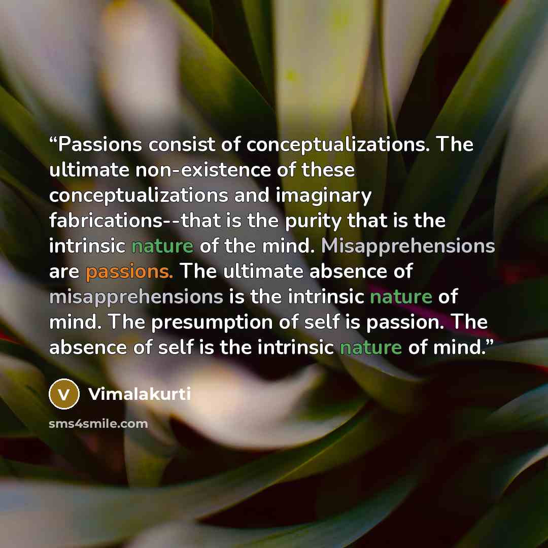 “Passions consist of conceptualizations. The ultimate non-existence of these conceptualizations and imaginary fabrications--that is the purity that is the intrinsic nature of the mind. Misapprehensions are passions. The ultimate absence of misapprehensions is the intrinsic nature of mind. The…” quote by Vimalakurti
