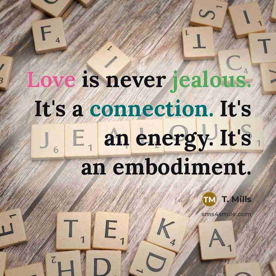 “Love is never jealous. It's a connection. It's an energy. It's an embodiment.” quote by T. Mills
