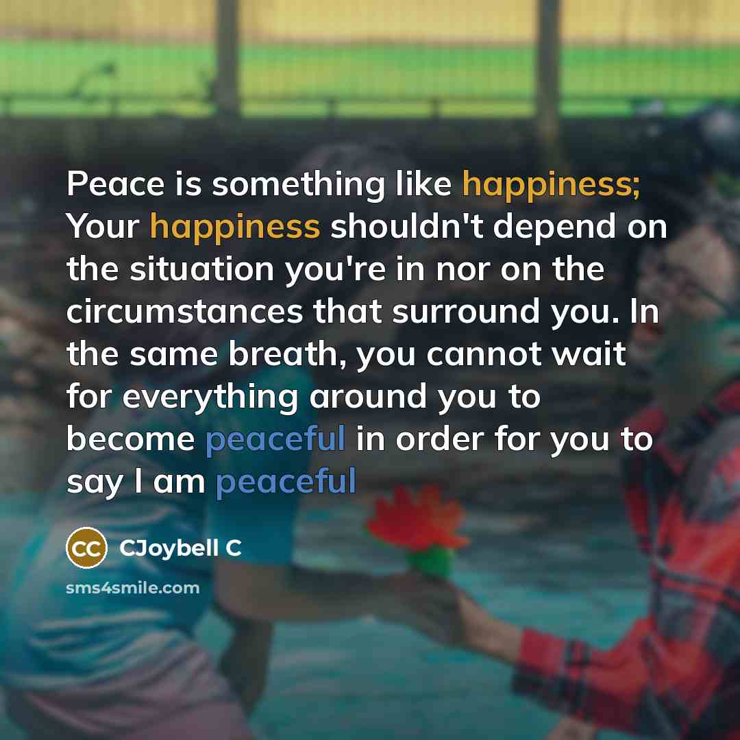 “Peace is something like happiness; Your happiness shouldn't depend on the situation you're in nor on the circumstances that surround you. In the same breath, you cannot wait for everything around you to become peaceful in order for you to say I am peaceful” quote by CJoybell C
