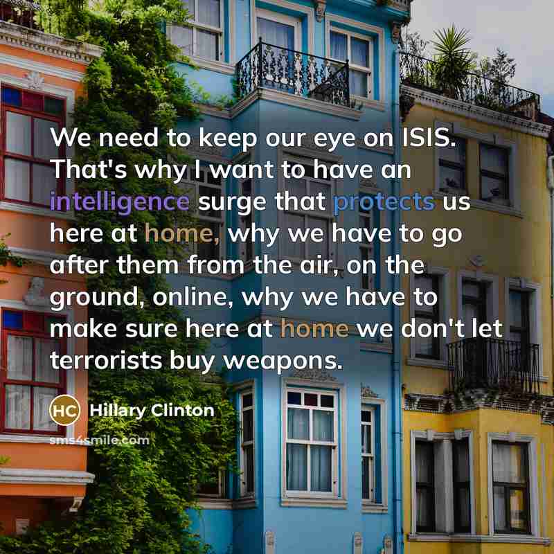 “We need to keep our eye on ISIS. That's why I want to have an intelligence surge that protects us here at home, why we have to go after them from the air, on the ground, online, why we have to make sure here at home we don't let terrorists buy weapons.” quote by Hillary Clinton