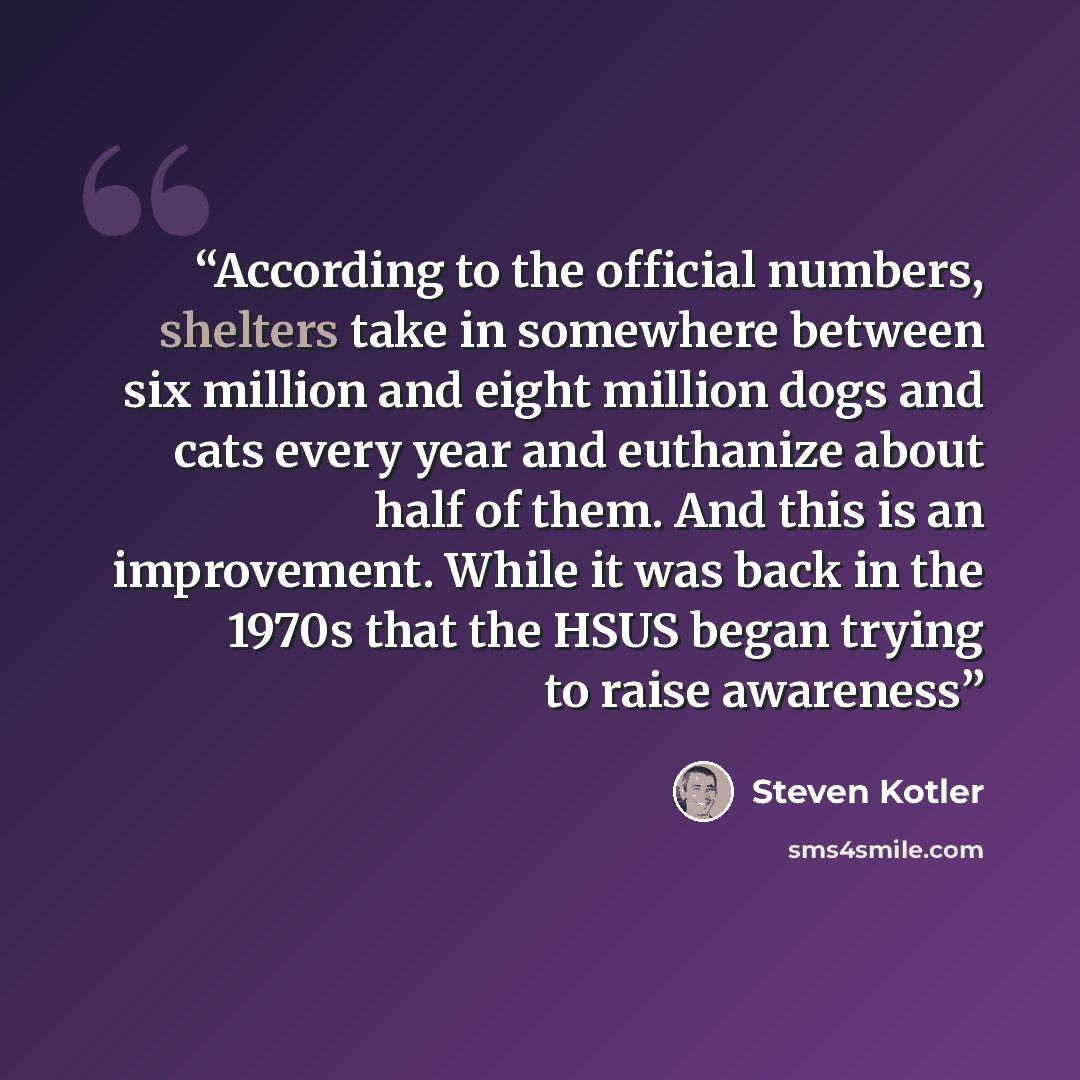 “According to the official numbers, shelters take in somewhere between six million and eight million dogs and cats every year and euthanize about half of them. And this is an improvement. While it was back in the 1970s that the HSUS began trying to raise awareness” quote by Steven Kotler