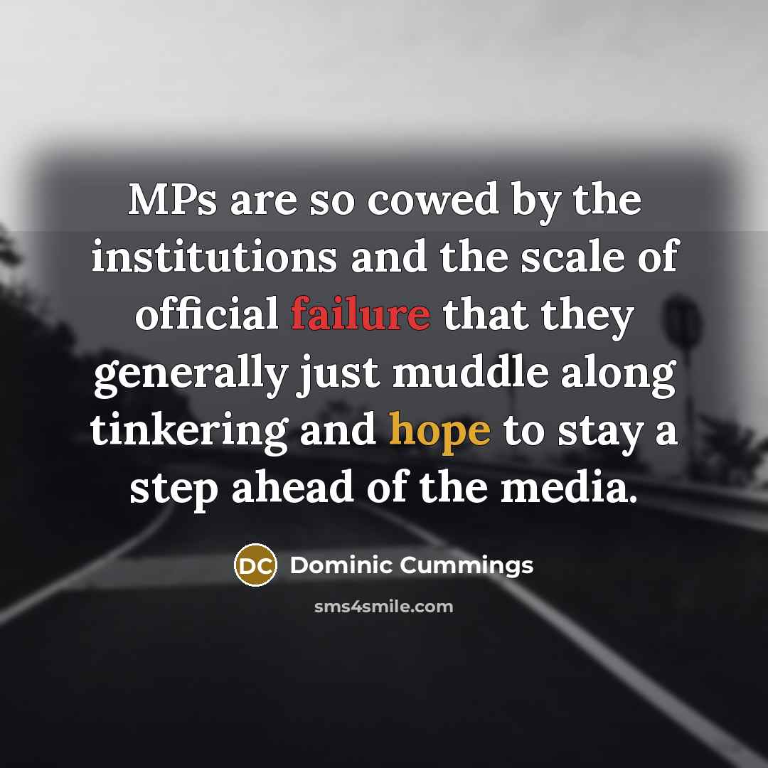 “MPs are so cowed by the institutions and the scale of official failure that they generally just muddle along tinkering and hope to stay a step ahead of the media.” quote by Dominic Cummings