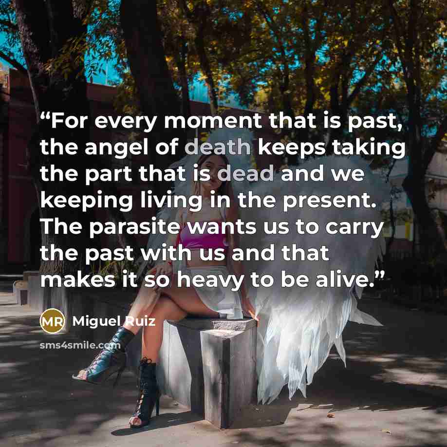 “For every moment that is past, the angel of death keeps taking the part that is dead and we keeping living in the present. The parasite wants us to carry the past with us and that makes it so heavy to be alive.” quote by Miguel Ruiz