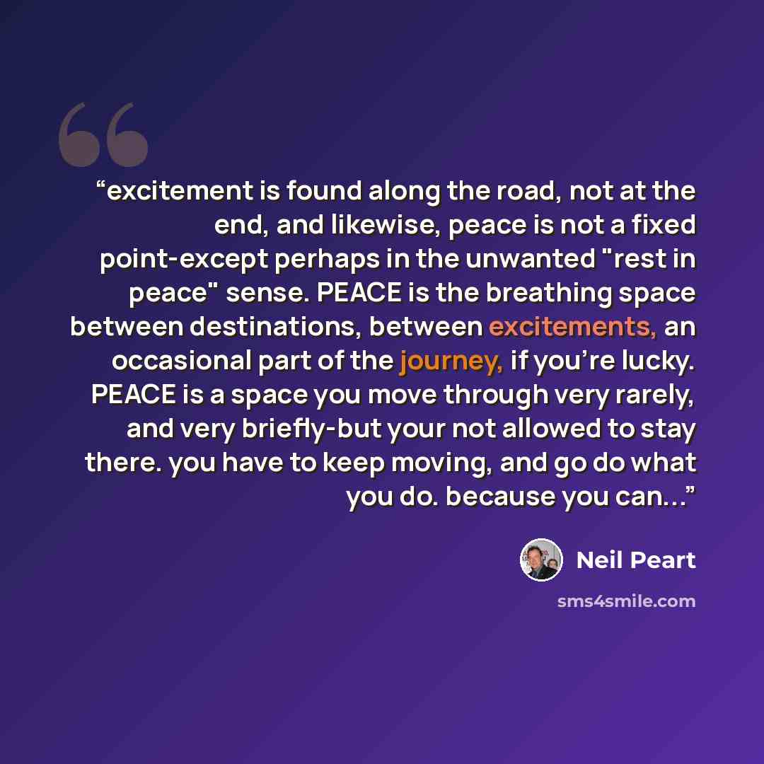 “excitement is found along the road, not at the end, and likewise, peace is not a fixed point-except perhaps in the unwanted "rest in peace" sense. PEACE is the breathing space between destinations, between excitements, an occasional part of the journey, if you're lucky. PEACE is a space you move…” quote by Neil Peart