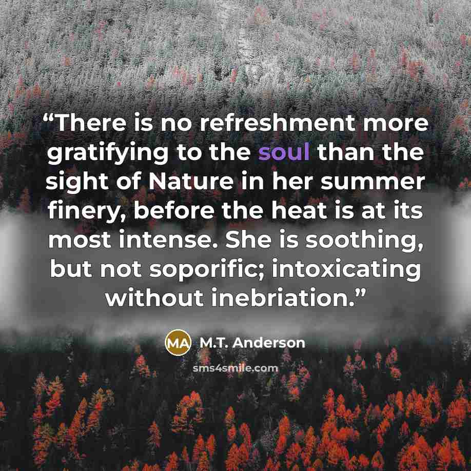 “There is no refreshment more gratifying to the soul than the sight of Nature in her summer finery, before the heat is at its most intense. She is soothing, but not soporific; intoxicating without inebriation.” quote by M.T. Anderson