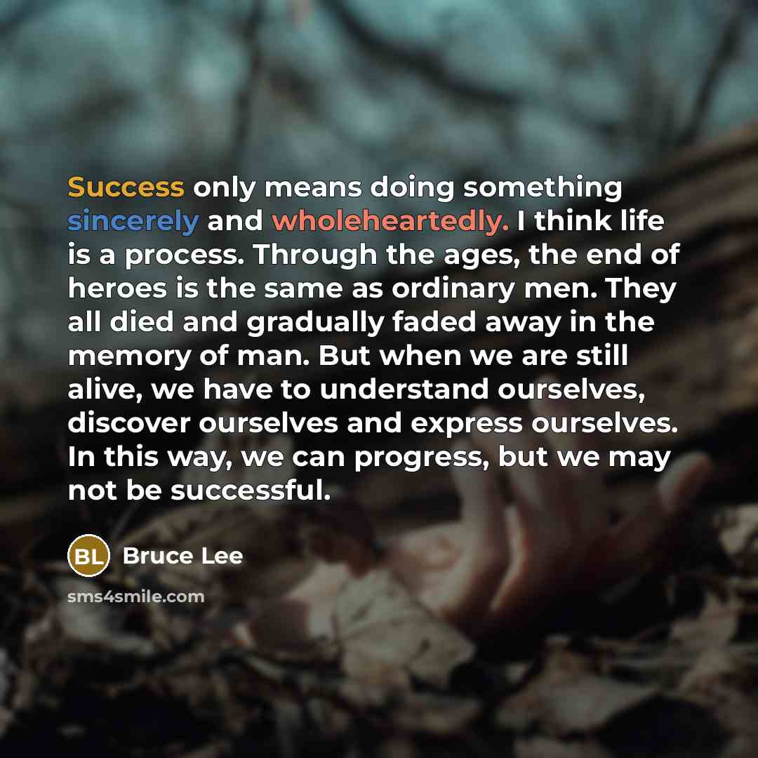 “Success only means doing something sincerely and wholeheartedly. I think life is a process. Through the ages, the end of heroes is the same as ordinary men. They all died and gradually faded away in the memory of man. But when we are still alive, we have to understand ourselves, discover ourselves…” quote by Bruce Lee