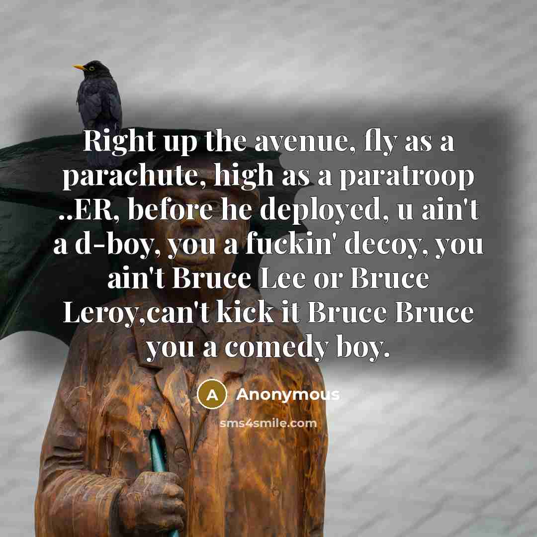 “Right up the avenue, fly as a parachute, high as a paratroop ..ER, before he deployed, u ain't a d-boy, you a fuckin' decoy, you ain't Bruce Lee or Bruce Leroy,can't kick it Bruce Bruce you a comedy boy.” quote by Anonymous