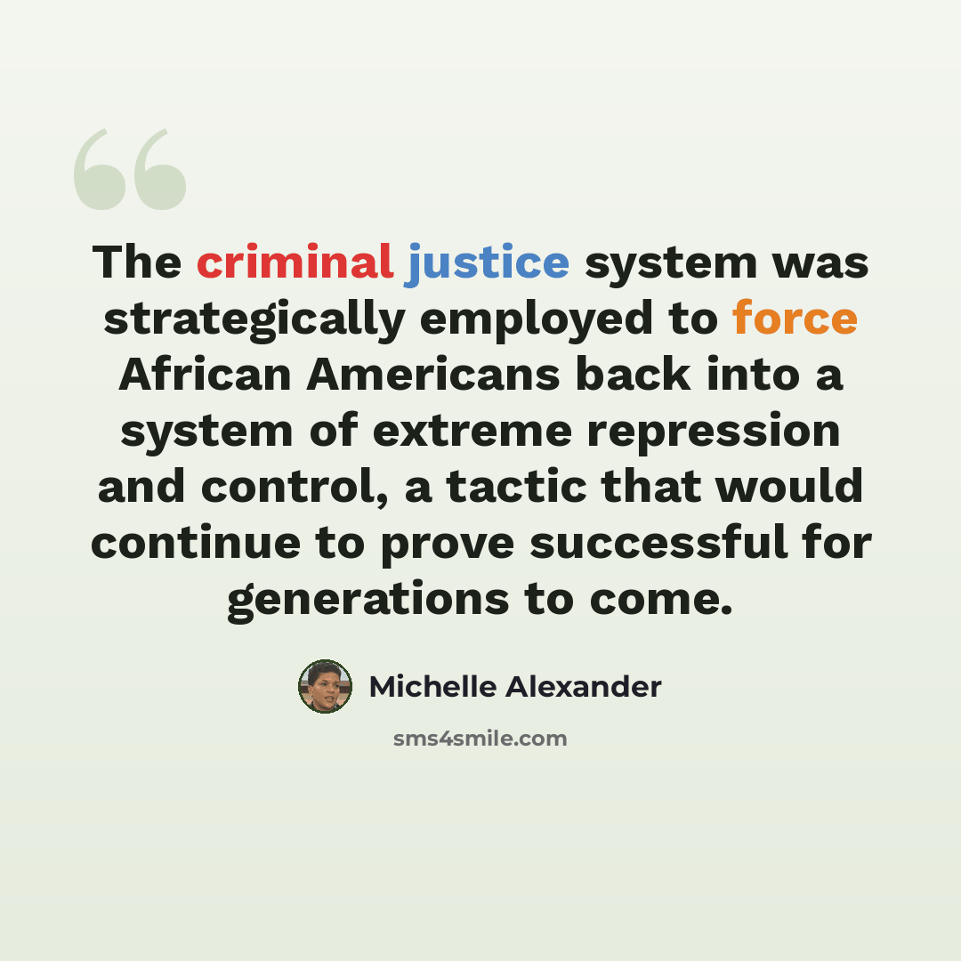 “The criminal justice system was strategically employed to force African Americans back into a system of extreme repression and control, a tactic that would continue to prove successful for generations to come.” quote by Michelle Alexander