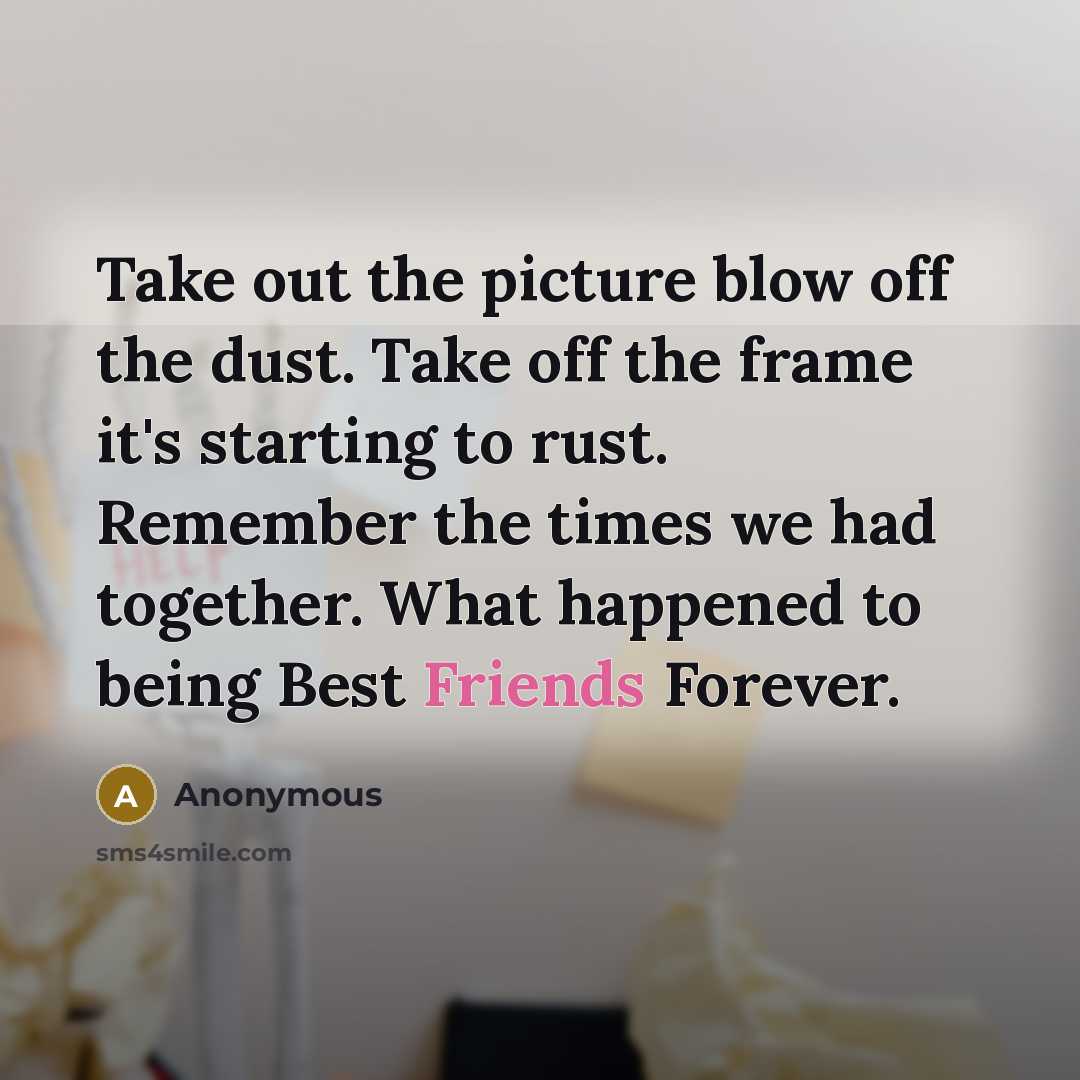 “Take out the picture blow off the dust. Take off the frame it's starting to rust. Remember the times we had together. What happened to being Best Friends Forever.” quote by Anonymous