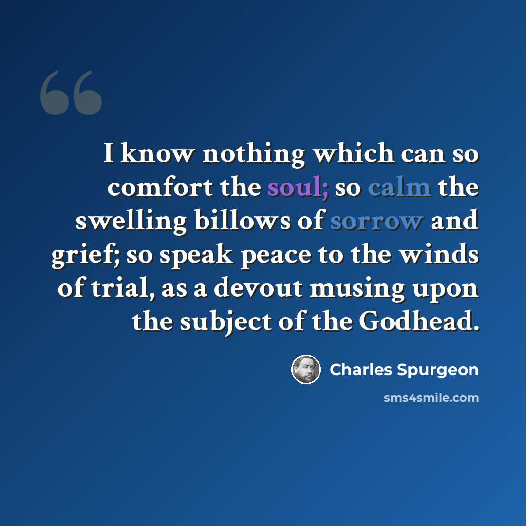 “I know nothing which can so comfort the soul; so calm the swelling billows of sorrow and grief; so speak peace to the winds of trial, as a devout musing upon the subject of the Godhead.” quote by Charles Spurgeon
