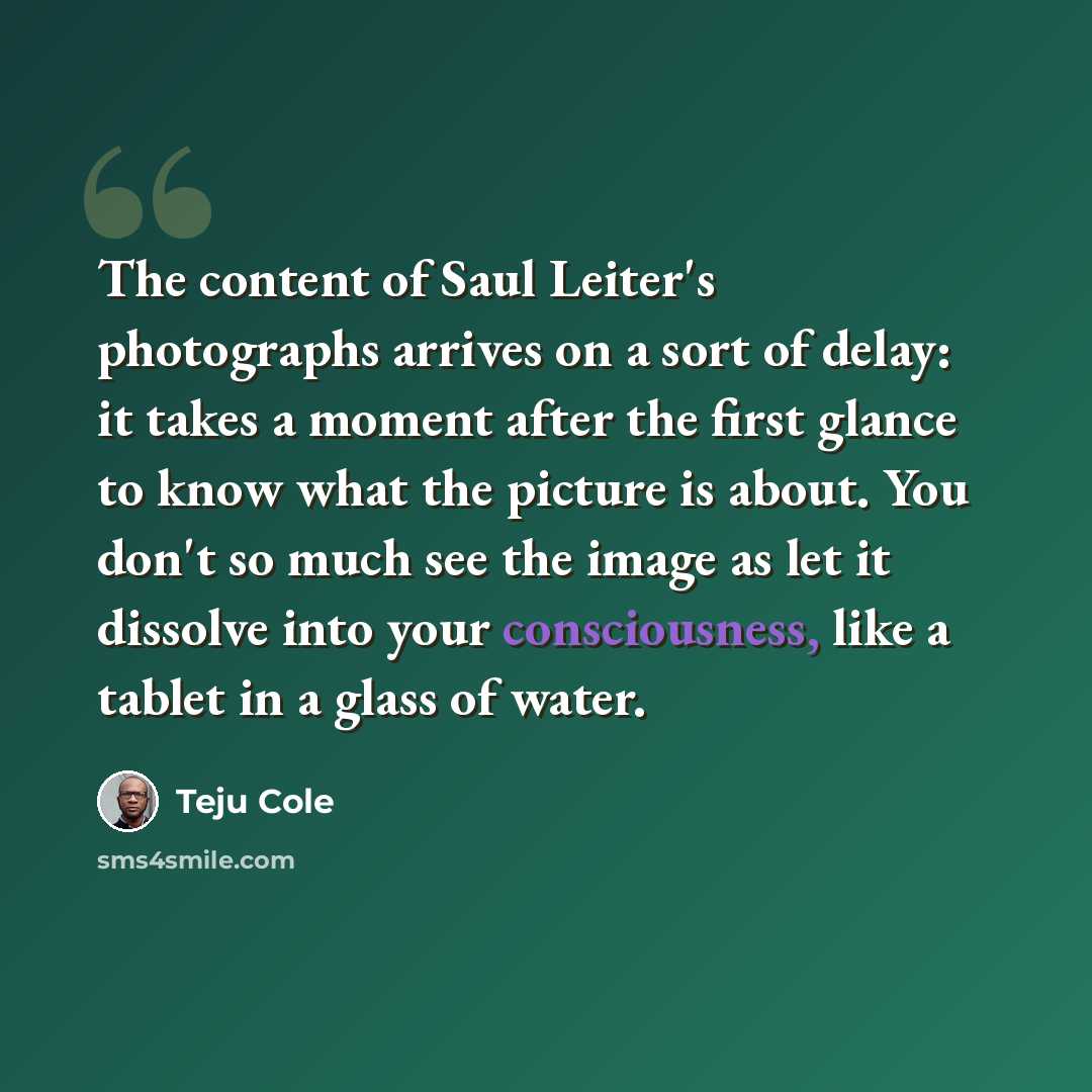 “The content of Saul Leiter's photographs arrives on a sort of delay: it takes a moment after the first glance to know what the picture is about. You don't so much see the image as let it dissolve into your consciousness, like a tablet in a glass of water.” quote by Teju Cole
