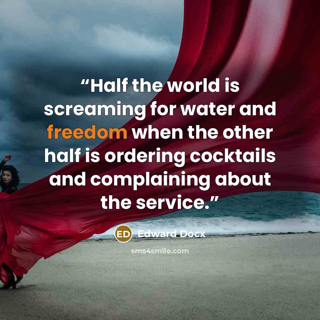 “Half the world is screaming for water and freedom when the other half is ordering cocktails and complaining about the service.” quote by Edward Docx