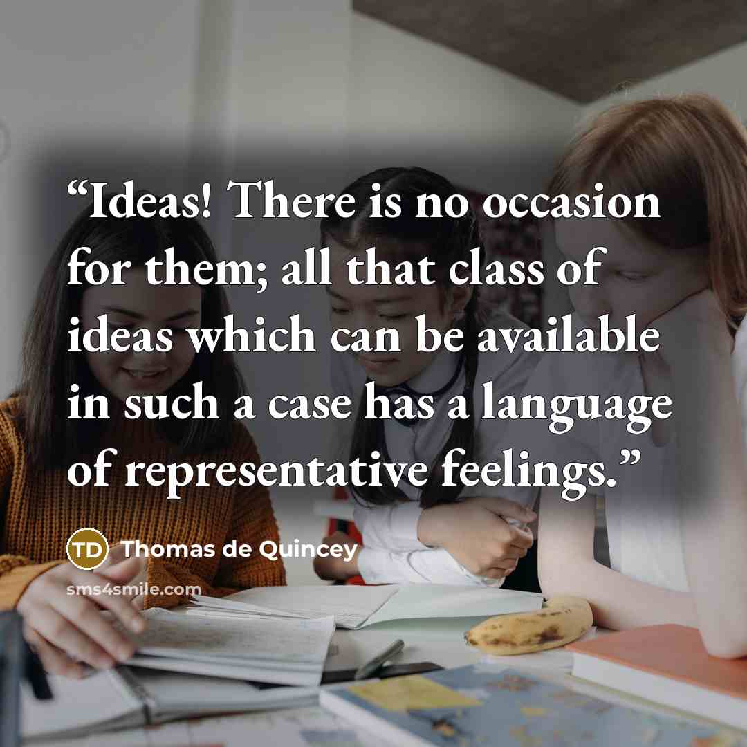 “Ideas! There is no occasion for them; all that class of ideas which can be available in such a case has a language of representative feelings.” quote by Thomas de Quincey