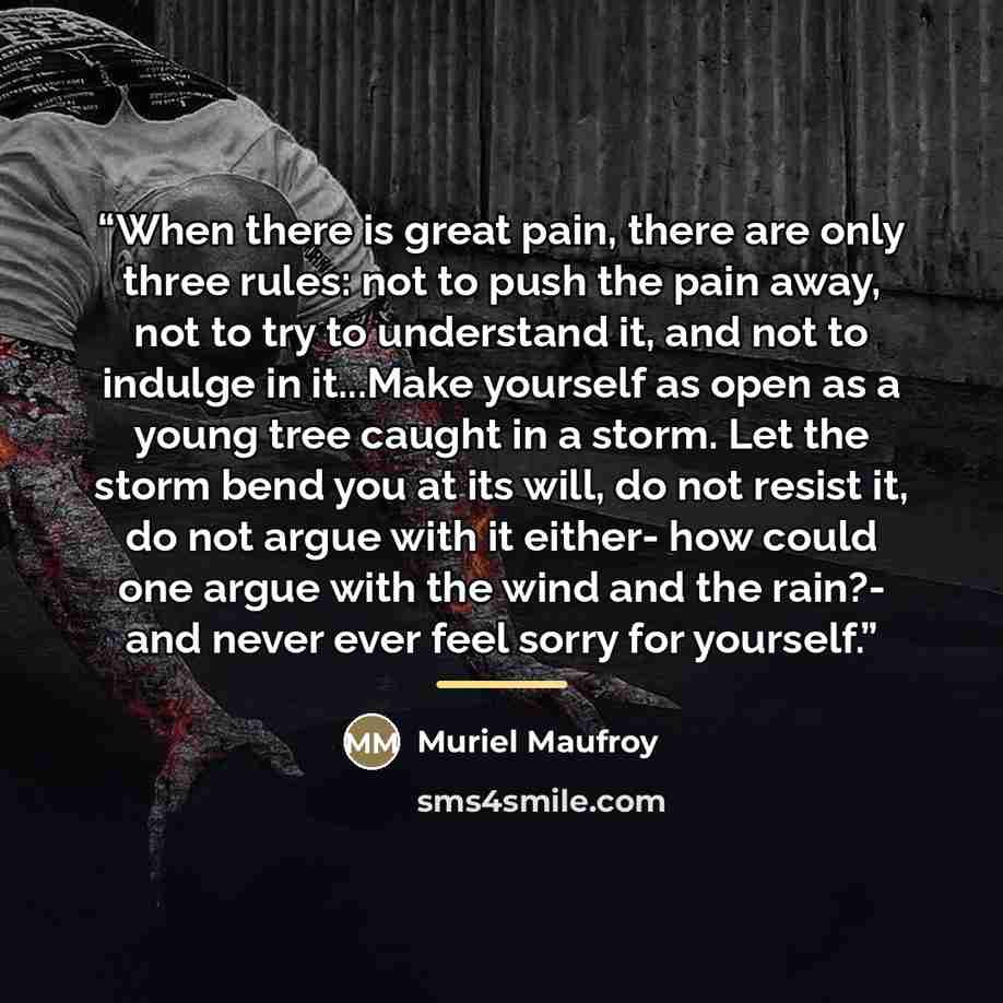 “When there is great pain, there are only three rules: not to push the pain away, not to try to understand it, and not to indulge in it...Make yourself as open as a young tree caught in a storm. Let the storm bend you at its will, do not resist it, do not argue with it either- how could one argue…” quote by Muriel Maufroy