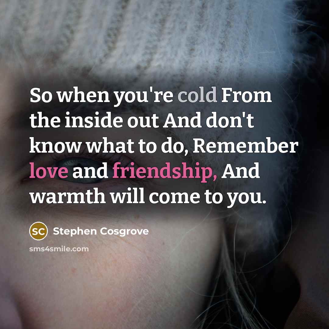 “So when you're cold From the inside out And don't know what to do, Remember love and friendship, And warmth will come to you.” quote by Stephen Cosgrove