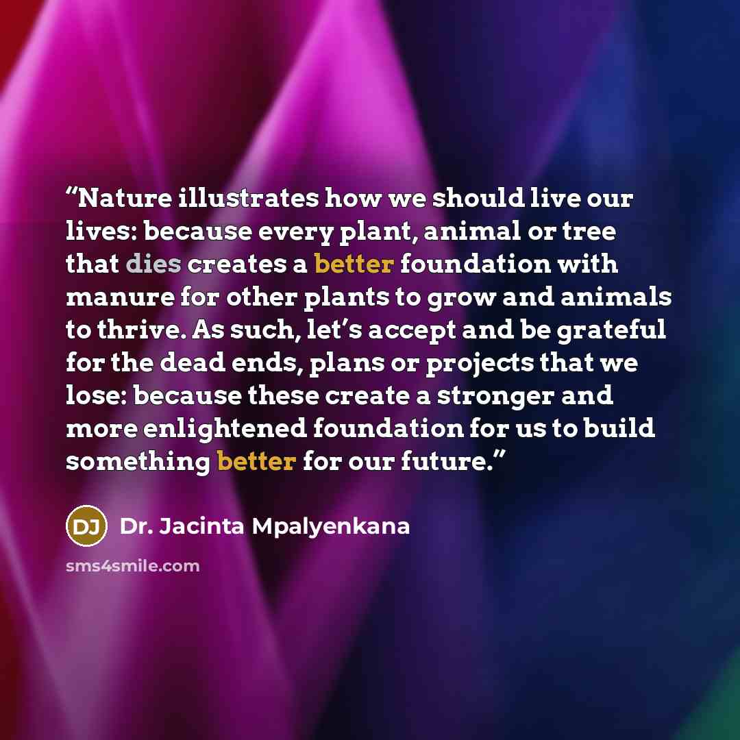 “Nature illustrates how we should live our lives: because every plant, animal or tree that dies creates a better foundation with manure for other plants to grow and animals to thrive. As such, let’s accept and be grateful for the dead ends, plans or projects that we lose: because these create a…” quote by Dr. Jacinta Mpalyenkana