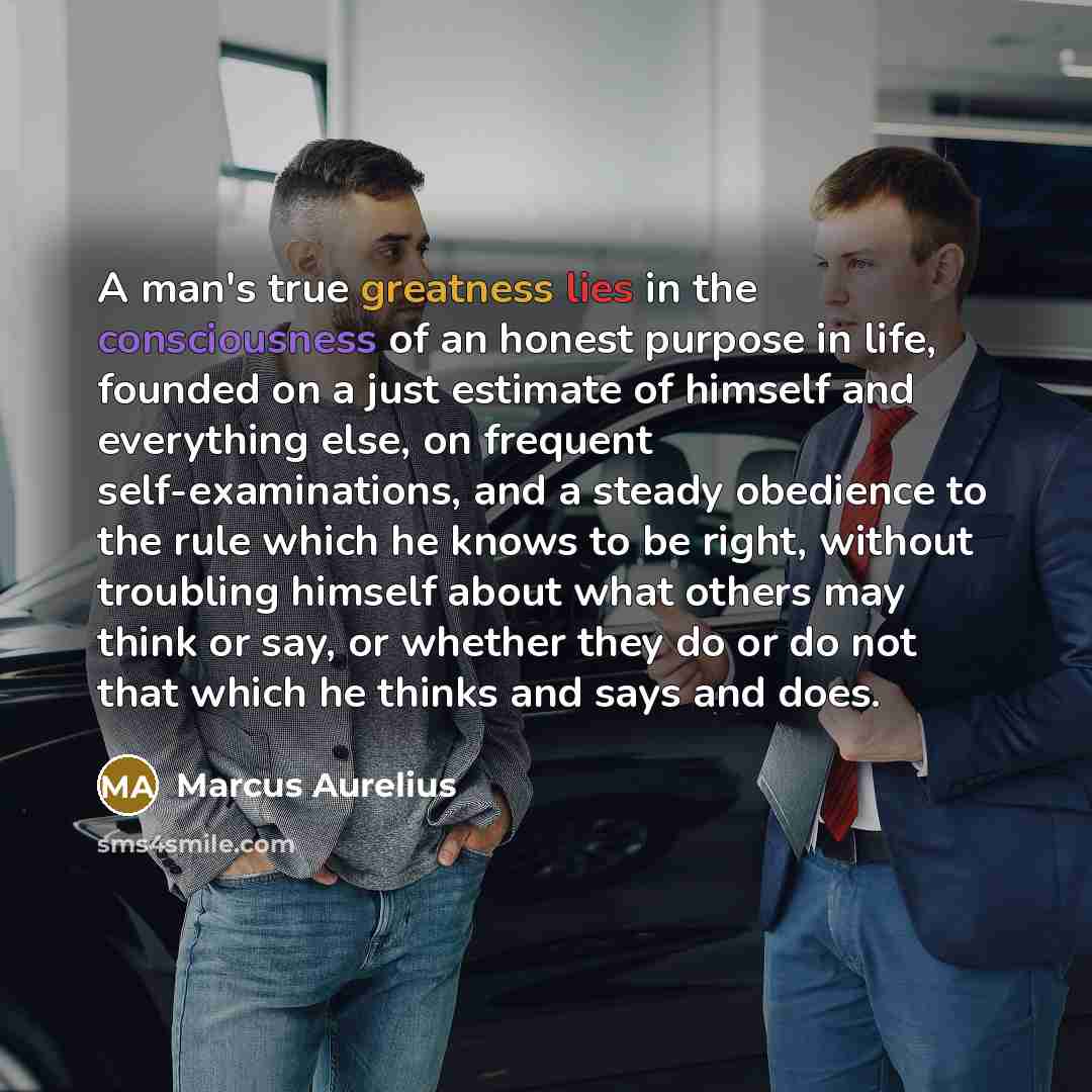 “A man's true greatness lies in the consciousness of an honest purpose in life, founded on a just estimate of himself and everything else, on frequent self-examinations, and a steady obedience to the rule which he knows to be right, without troubling himself about what others may think or say, or…” quote by Marcus Aurelius