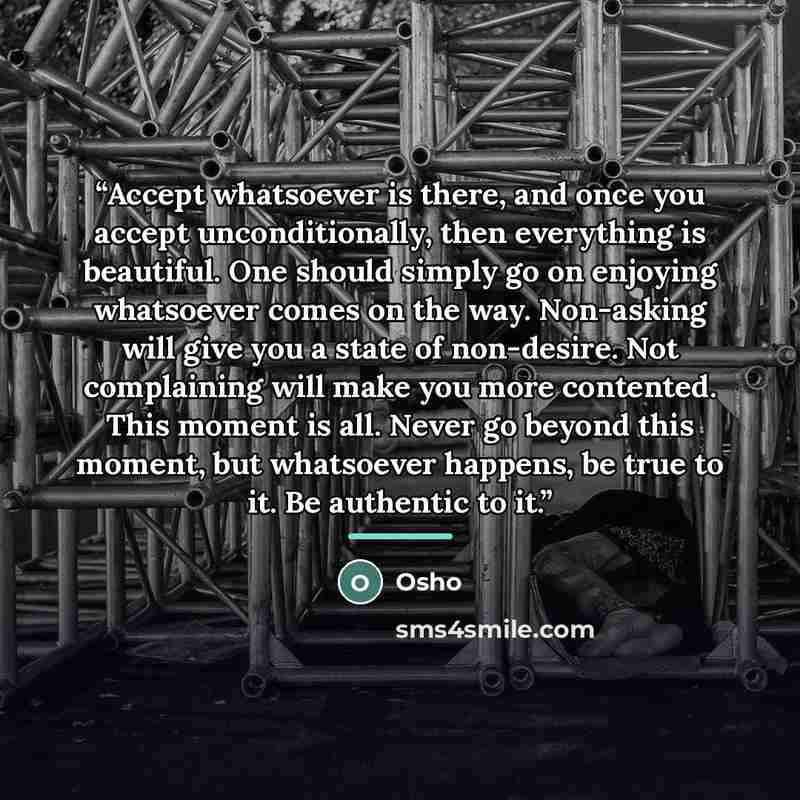 “Accept whatsoever is there, and once you accept unconditionally, then everything is beautiful. One should simply go on enjoying whatsoever comes on the way. Non-asking will give you a state of non-desire. Not complaining will make you more contented. This moment is all. Never go beyond this…” quote by Osho