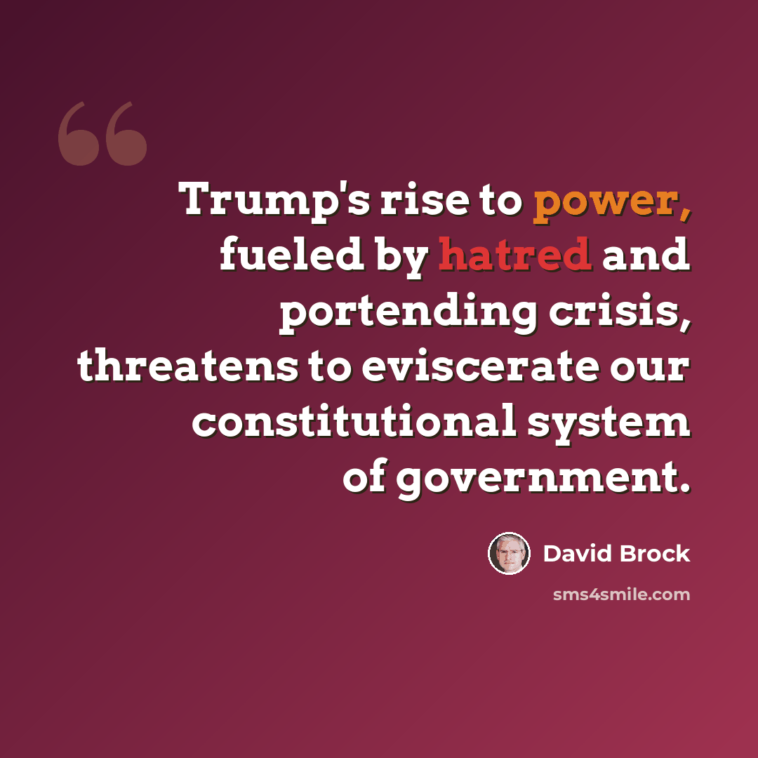 “Trump's rise to power, fueled by hatred and portending crisis, threatens to eviscerate our constitutional system of government.” quote by David Brock