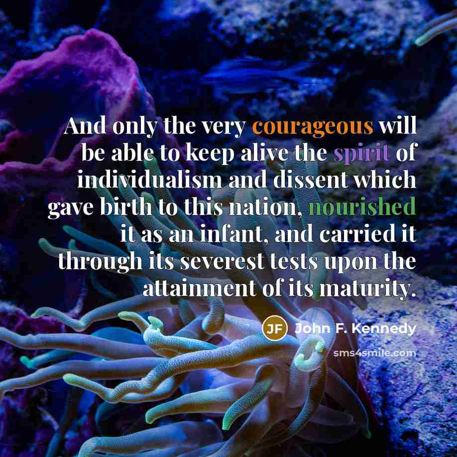 “And only the very courageous will be able to keep alive the spirit of individualism and dissent which gave birth to this nation, nourished it as an infant, and carried it through its severest tests upon the attainment of its maturity.” quote by John F. Kennedy