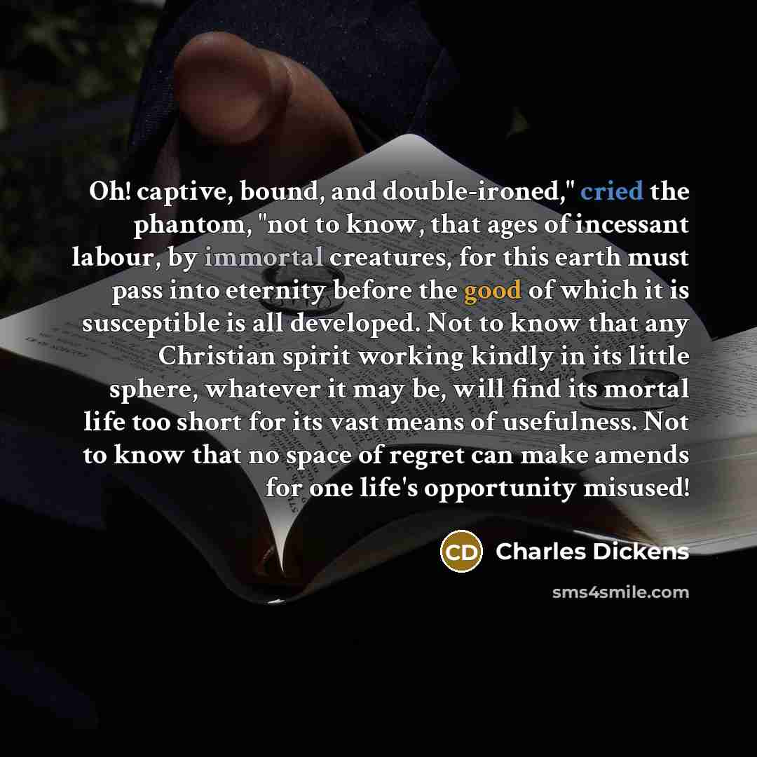 “Oh! captive, bound, and double-ironed," cried the phantom, "not to know, that ages of incessant labour, by immortal creatures, for this earth must pass into eternity before the good of which it is susceptible is all developed. Not to know that any Christian spirit working kindly in its little…” quote by Charles Dickens