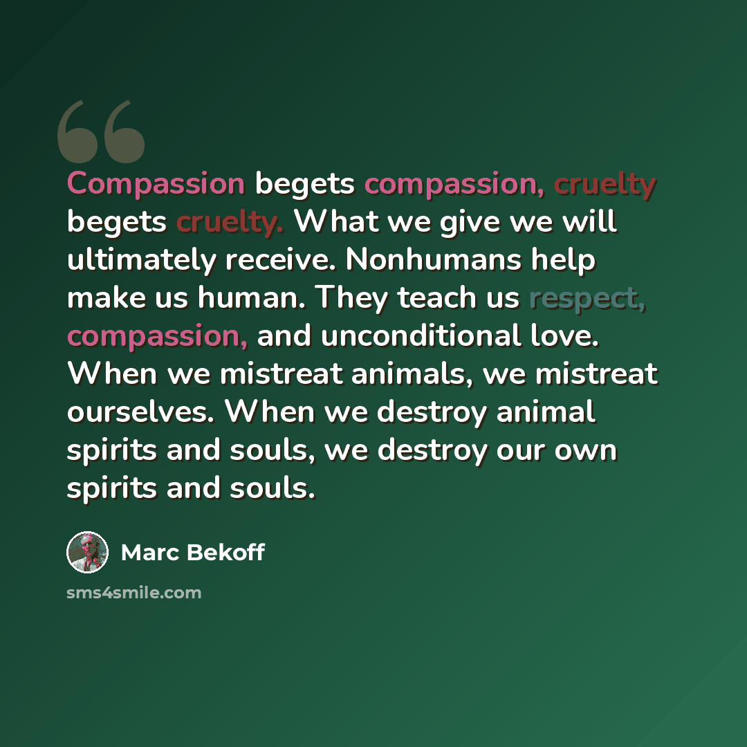 “Compassion begets compassion, cruelty begets cruelty. What we give we will ultimately receive. Nonhumans help make us human. They teach us respect, compassion, and unconditional love. When we mistreat animals, we mistreat ourselves. When we destroy animal spirits and souls, we destroy our own…” quote by Marc Bekoff