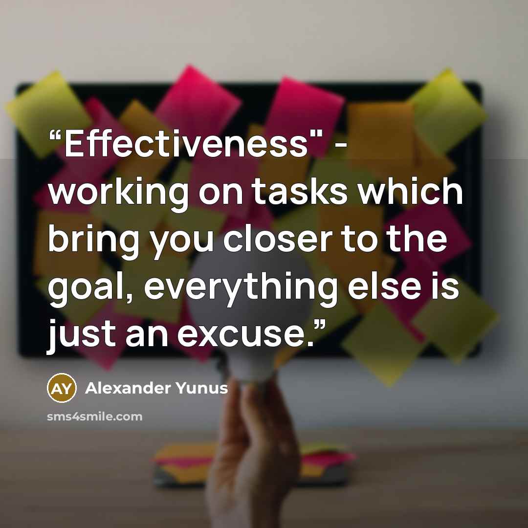 “Effectiveness" - working on tasks which bring you closer to the goal, everything else is just an excuse.” quote by Alexander Yunus