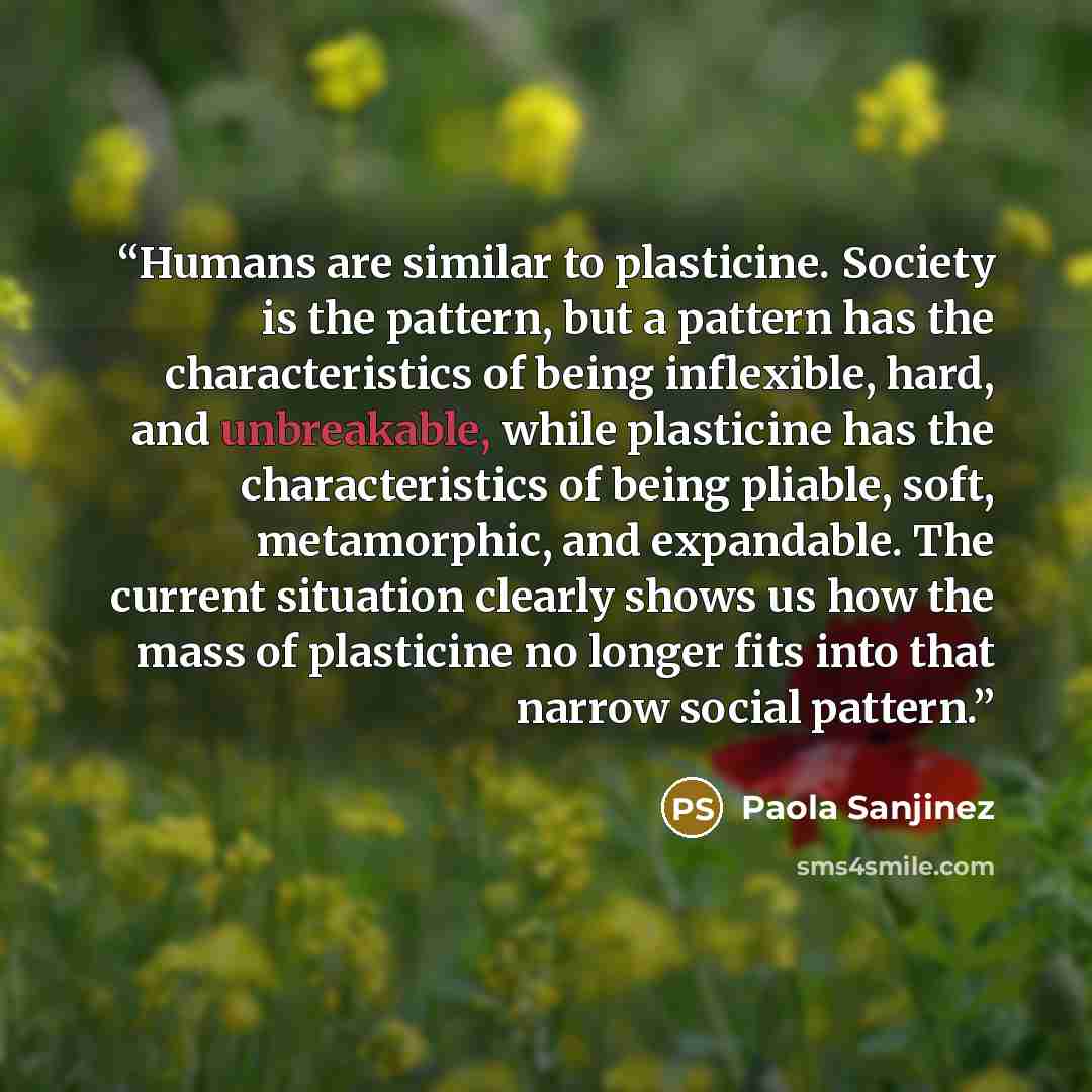 “Humans are similar to plasticine. Society is the pattern, but a pattern has the characteristics of being inflexible, hard, and unbreakable, while plasticine has the characteristics of being pliable, soft, metamorphic, and expandable. The current situation clearly shows us how the mass of…” quote by Paola Sanjinez