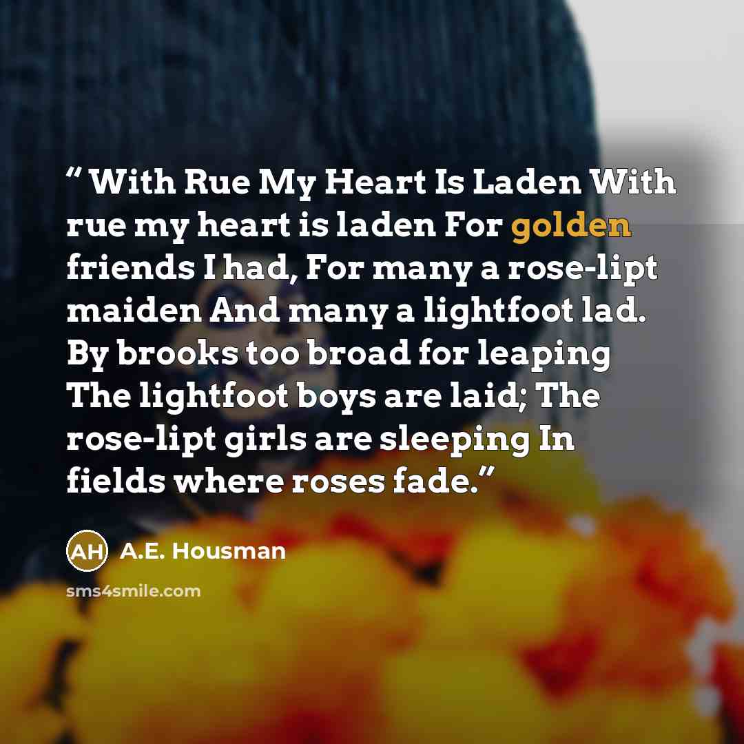“With Rue My Heart Is Laden With rue my heart is laden For golden friends I had, For many a rose-lipt maiden And many a lightfoot lad. By brooks too broad for leaping The lightfoot boys are laid; The rose-lipt girls are sleeping In fields where roses fade.” quote by A.E. Housman