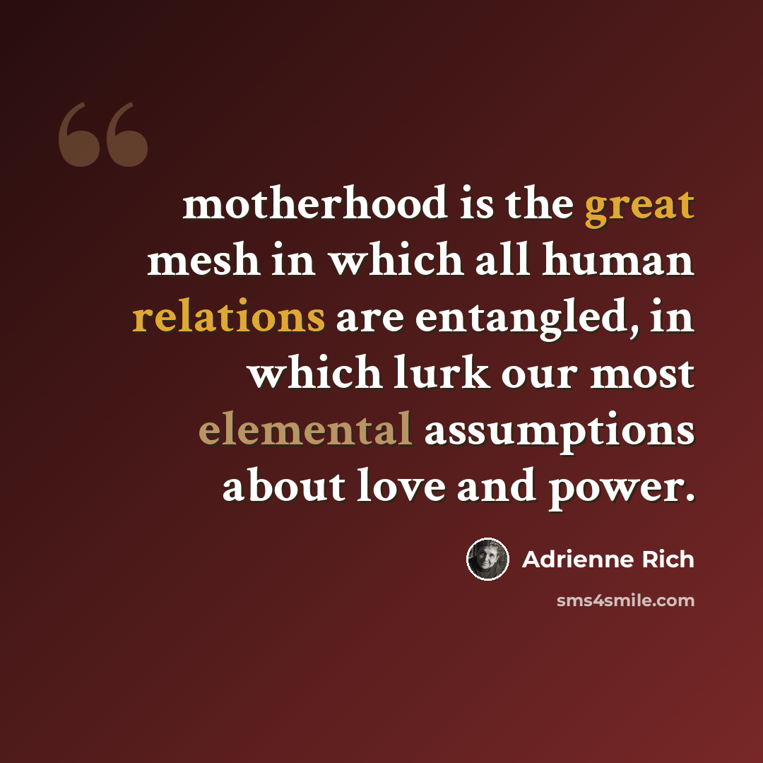 “motherhood is the great mesh in which all human relations are entangled, in which lurk our most elemental assumptions about love and power.” quote by Adrienne Rich
