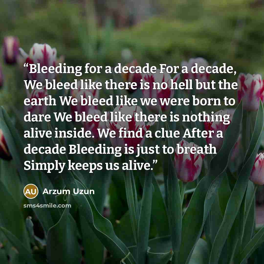 “Bleeding for a decade For a decade, We bleed like there is no hell but the earth We bleed like we were born to dare We bleed like there is nothing alive inside. We find a clue After a decade Bleeding is just to breath Simply keeps us alive.” quote by Arzum Uzun