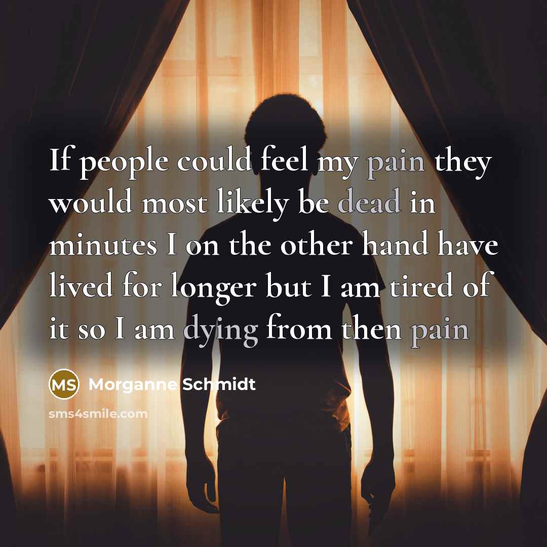 “If people could feel my pain they would most likely be dead in minutes I on the other hand have lived for longer but I am tired of it so I am dying from then pain” quote by Morganne Schmidt