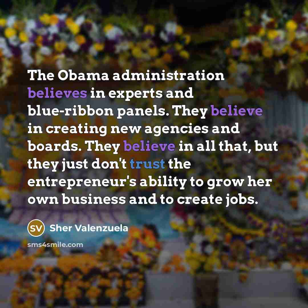 “The Obama administration believes in experts and blue-ribbon panels. They believe in creating new agencies and boards. They believe in all that, but they just don't trust the entrepreneur's ability to grow her own business and to create jobs.” quote by Sher Valenzuela