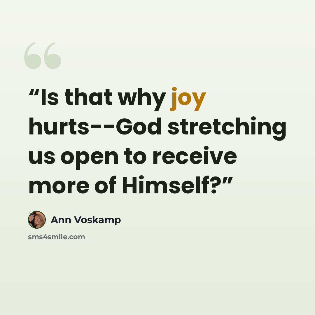 “Is that why joy hurts--God stretching us open to receive more of Himself?” quote by Ann Voskamp