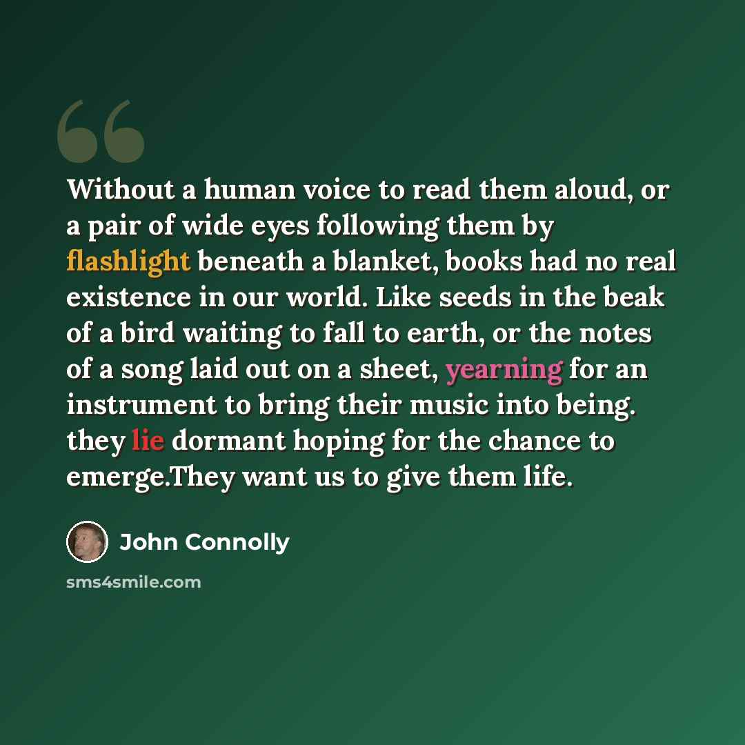 “Without a human voice to read them aloud, or a pair of wide eyes following them by flashlight beneath a blanket, books had no real existence in our world. Like seeds in the beak of a bird waiting to fall to earth, or the notes of a song laid out on a sheet, yearning for an instrument to bring…” quote by John Connolly